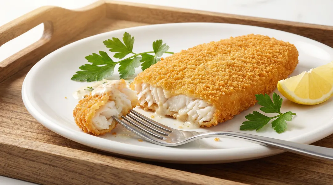 Plant-based fish fillet products displayed on plate with seasoning garnish