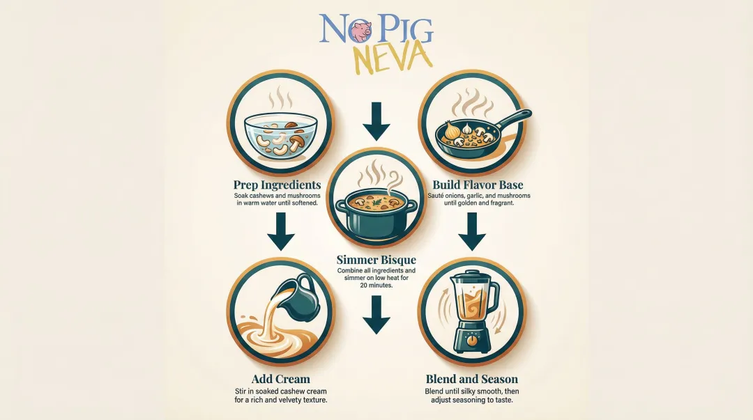 Five-step vegan lobster bisque cooking process flow from prep to serving