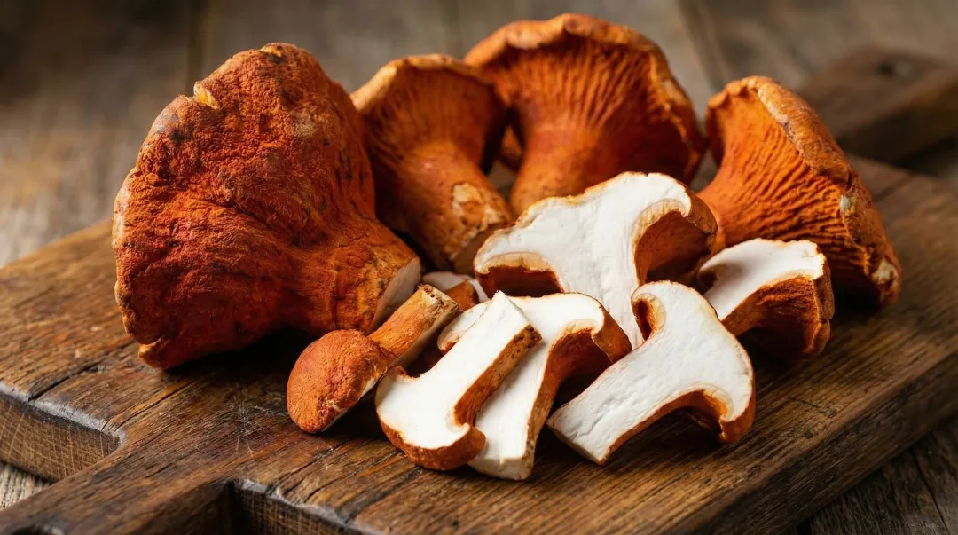 Fresh lobster mushrooms with distinctive red-orange crust on wooden surface