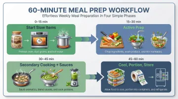 60-minute vegan meal prep four-phase timeline with task breakdown