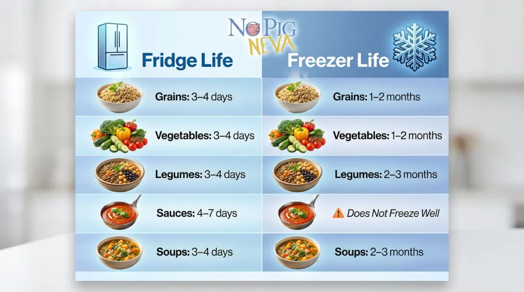 Vegan meal prep component fridge versus freezer storage duration comparison chart