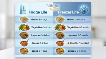 Vegan meal prep component fridge versus freezer storage duration comparison chart