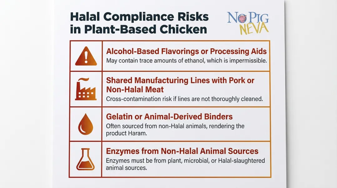 Four plant-based chicken halal compliance risk factors checklist infographic