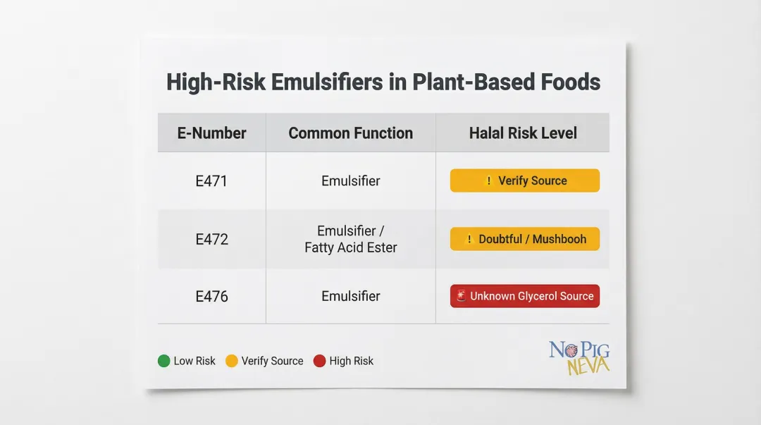 E471 E472 E476 emulsifier halal risk comparison table infographic