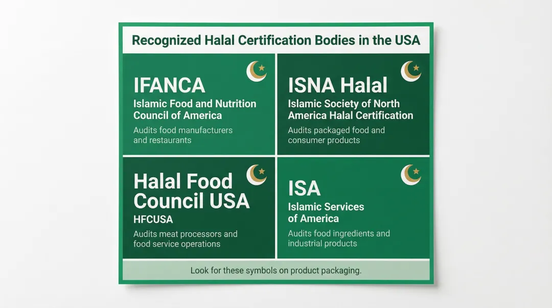 Four recognized USA halal certification bodies for plant-based food products