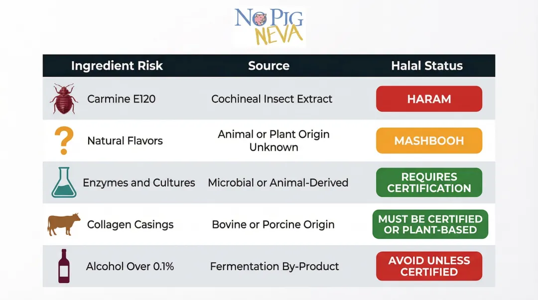 Plant-based pepperoni haram ingredient risks comparison table with halal status