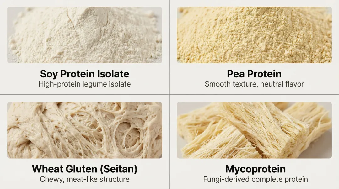 Four plant-based protein sources used in vegan pepperoni products