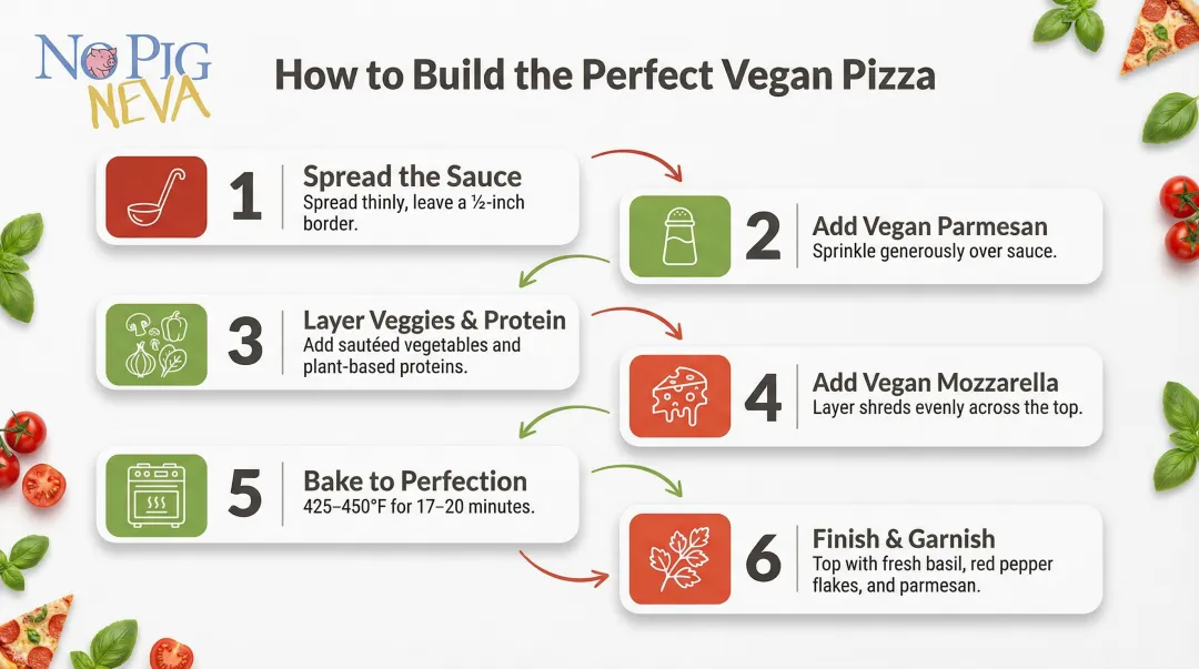 6-step vegan pizza assembly sequence from sauce to post-bake finishing