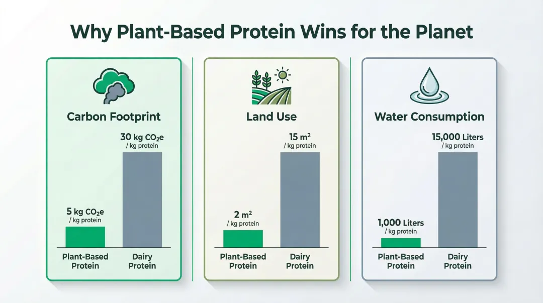 Plant vs dairy protein environmental impact comparison across three sustainability metrics