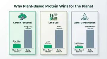 Plant vs dairy protein environmental impact comparison across three sustainability metrics