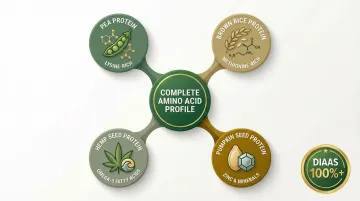 Multi-source vegan protein blend amino acid coverage diagram with four plant sources