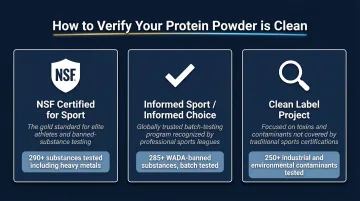 Three vegan protein powder third-party certifications explained with testing standards comparison