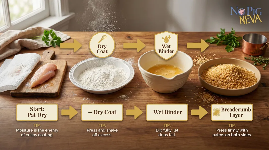 Three-step egg-free chicken breading process dredge dip coat sequence infographic