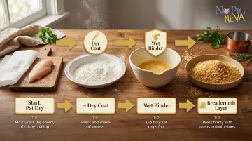 Three-step egg-free chicken breading process dredge dip coat sequence infographic