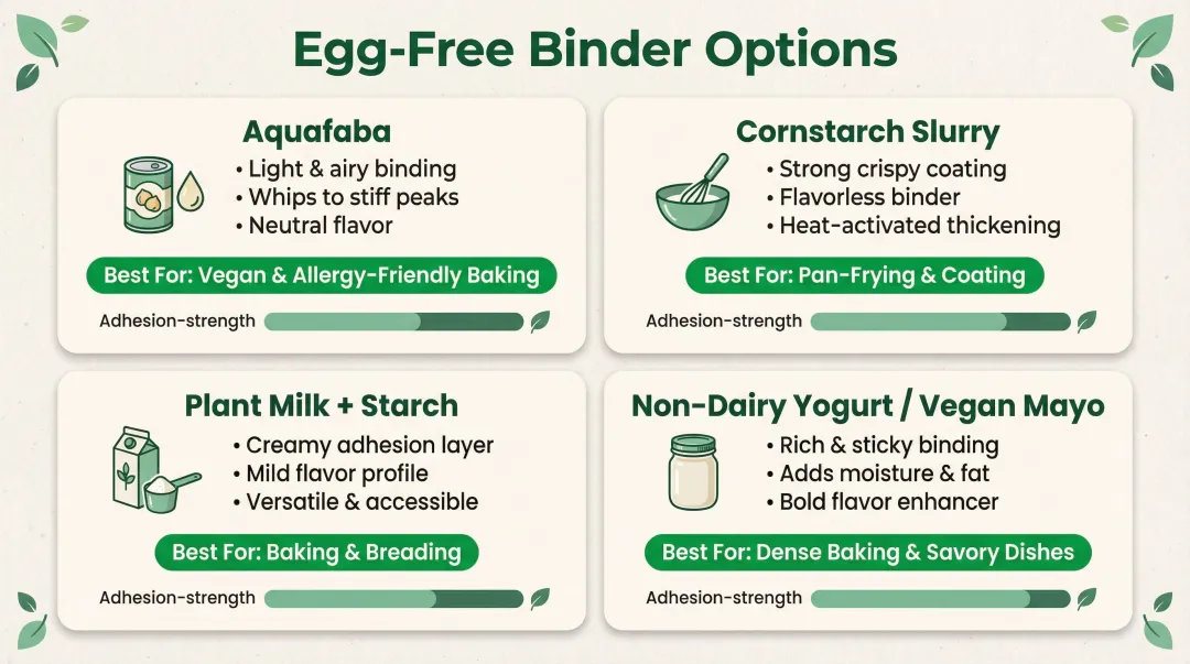 Four egg-free chicken breading substitutes comparison chart with adhesion properties