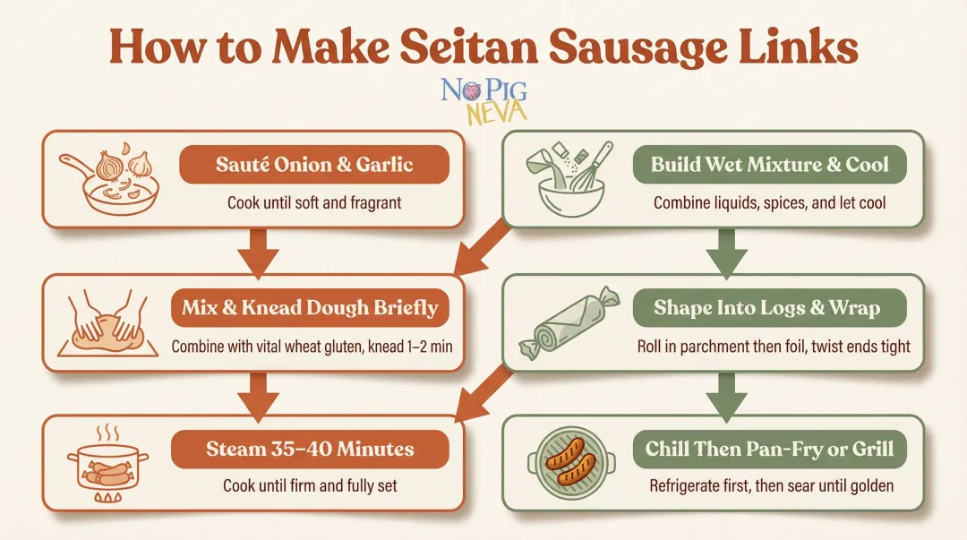 Six-step seitan Italian sausage link recipe process flow infographic