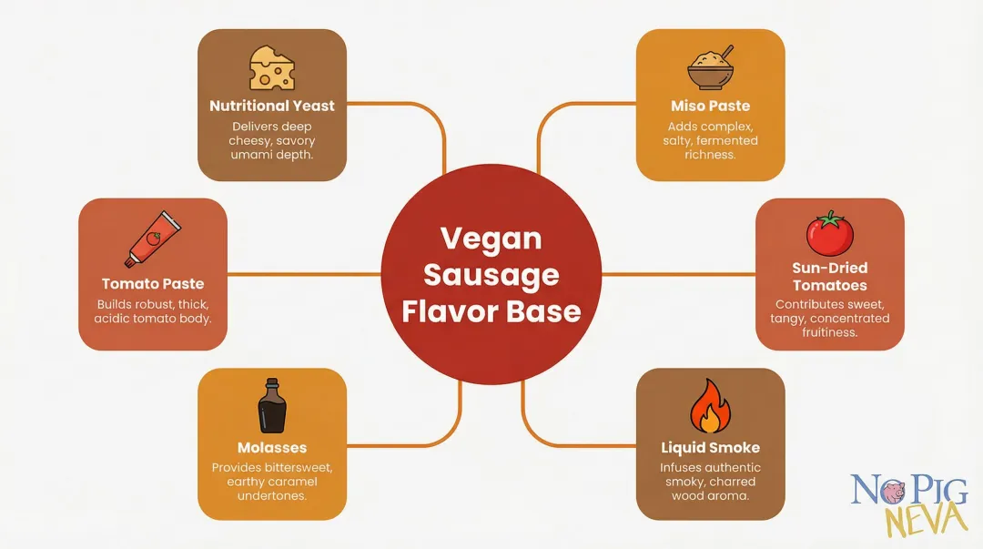 Six umami flavor-building ingredients for vegan Italian sausage infographic