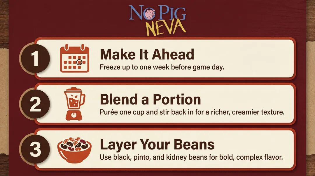 Three vegan chili game day prep tips make-ahead process infographic
