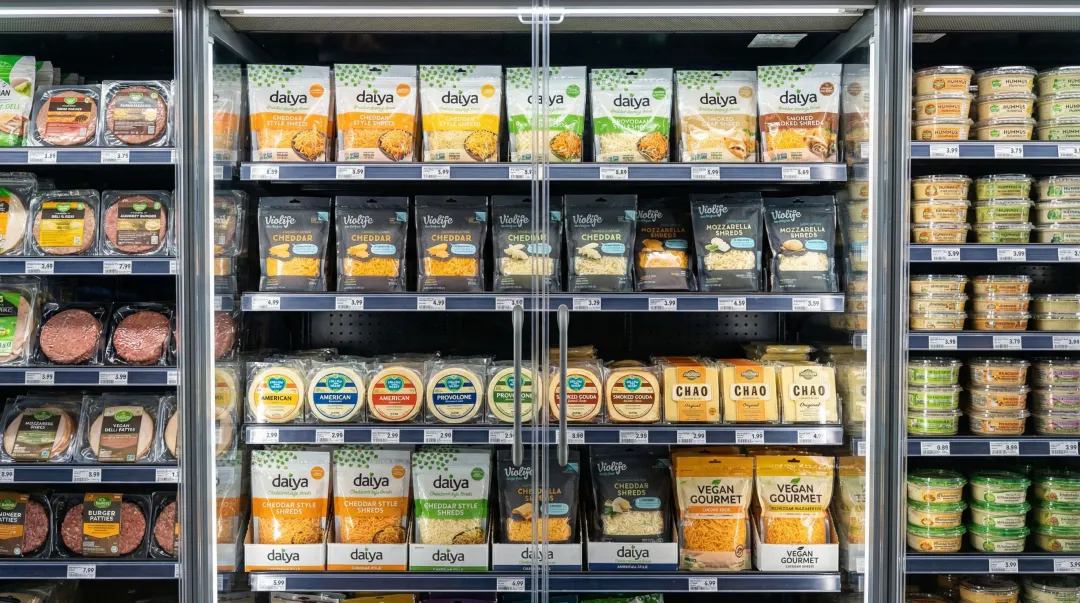 Plant-based vegan grocery products including dairy-free cheese meat alternatives and dips