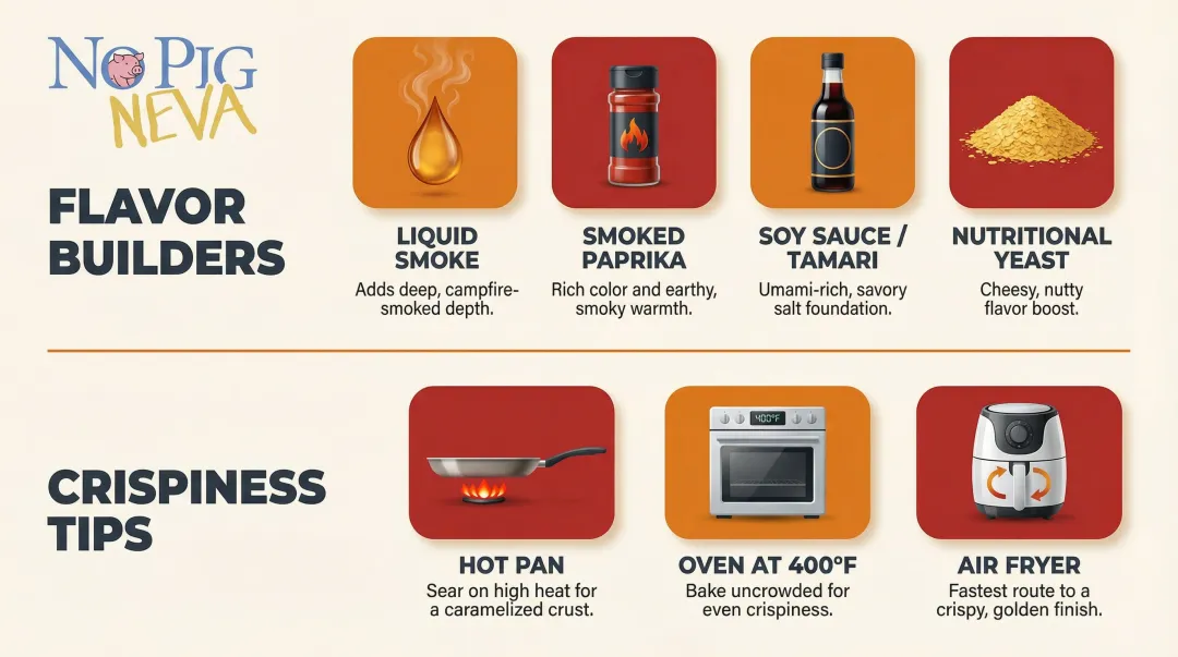 Four key ingredients for smoky plant-based bacon flavor with cooking method tips