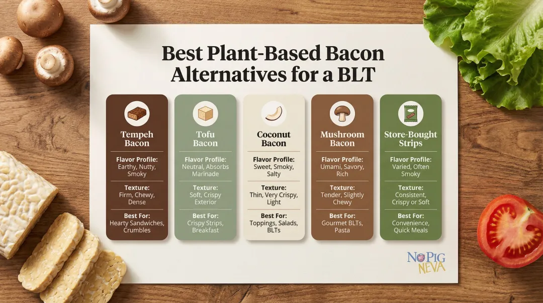 Five plant-based bacon alternatives comparison chart for vegan BLT sandwich