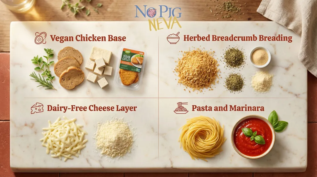 Four ingredient groups for vegan chicken parmesan recipe breakdown infographic