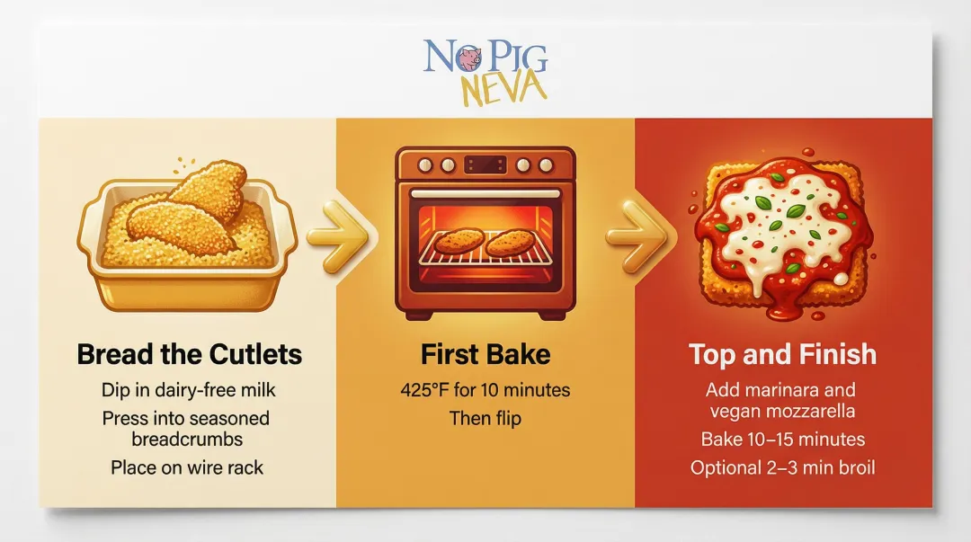 Three-step vegan chicken parmesan bake and top process flow infographic