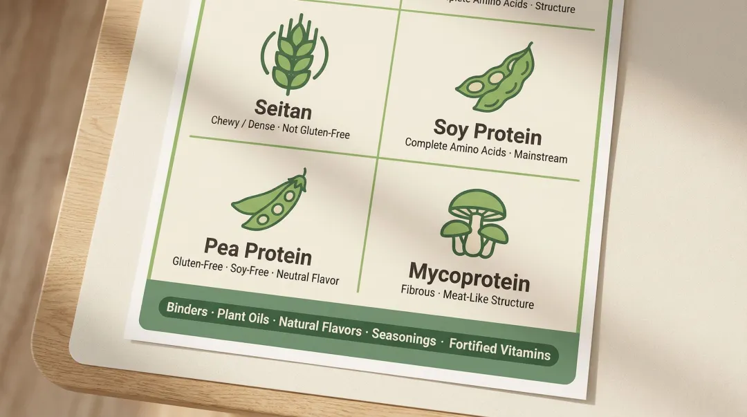 Four vegan chicken protein bases comparison infographic seitan soy pea mycoprotein