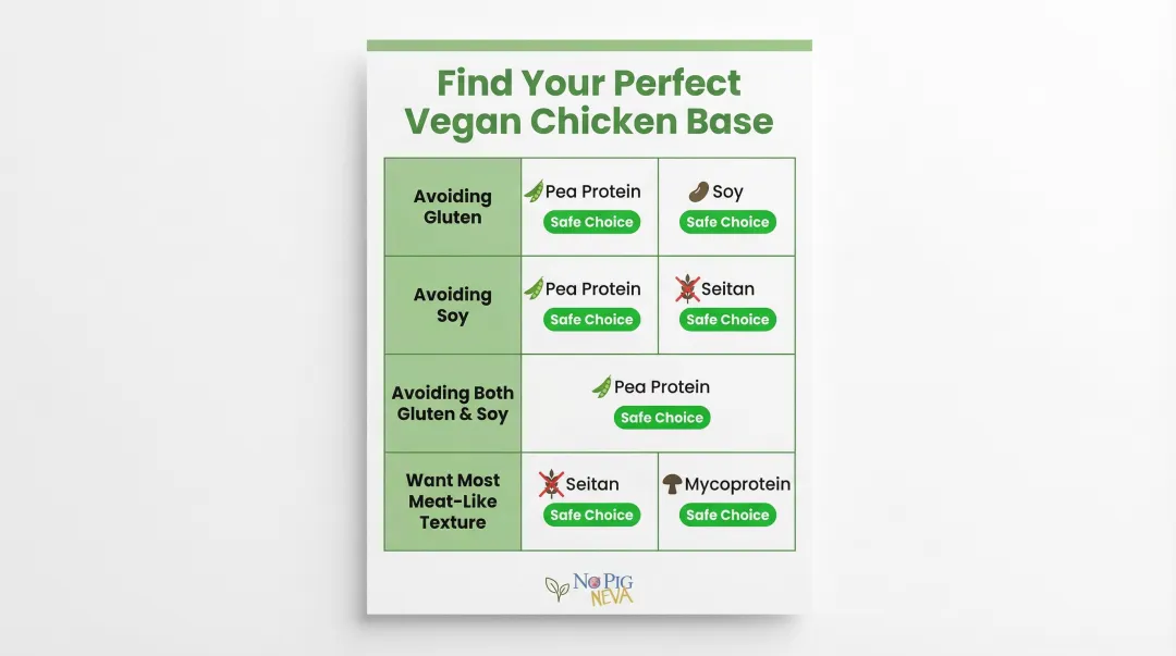 Vegan chicken protein base selection decision guide by dietary restriction infographic