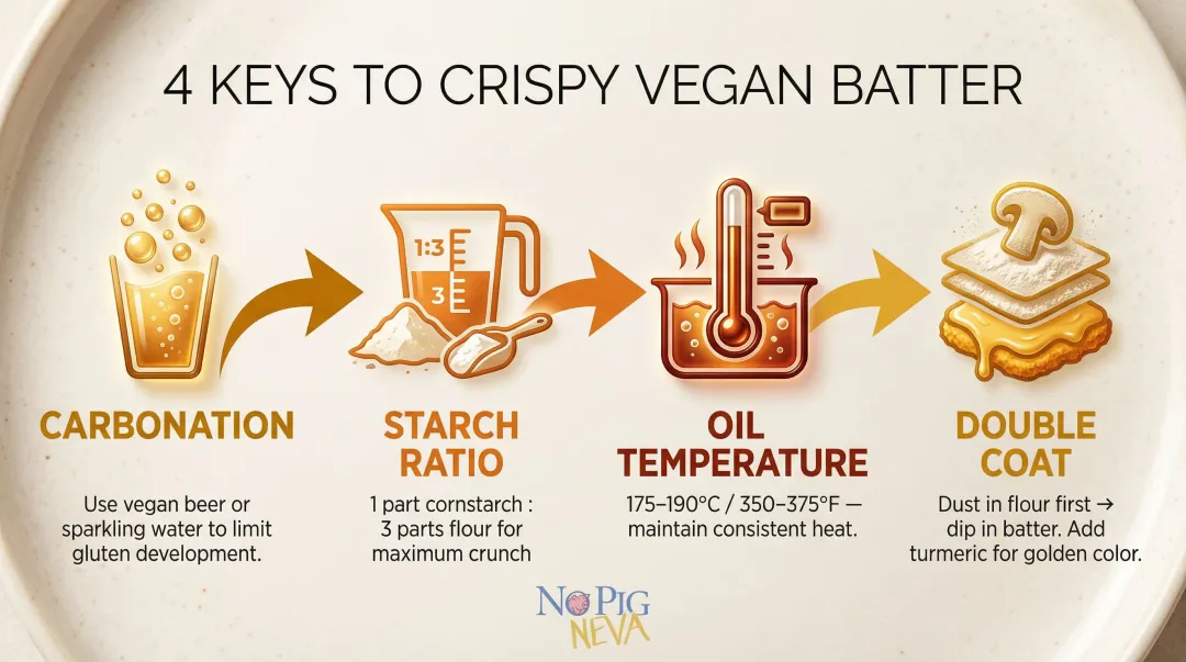 Four-step crispy vegan batter science process carbonation starch temperature coating
