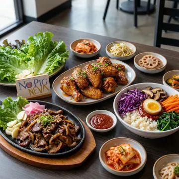 Assorted vegan Korean dishes including BBQ wings and plant-based bulgogi