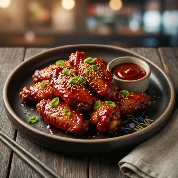 Close-up of vegan Korean BBQ wings with sesame seeds and scallions