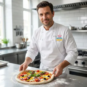 Chef preparing fresh plant-based pizza with vegan toppings