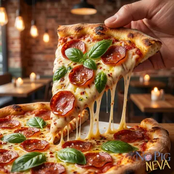 Close-up of a vegan pizza slice showing melted dairy-free cheese and plant-based toppings