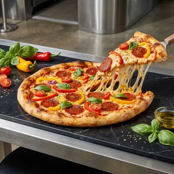 Artisan plant-based pizza with melted vegan cheese and colorful vegetable toppings