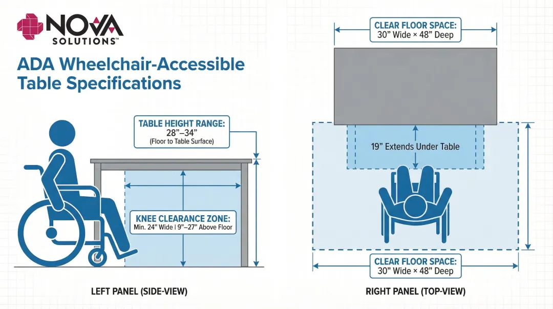ADA classroom table dimensions showing height clearance and floor space requirements