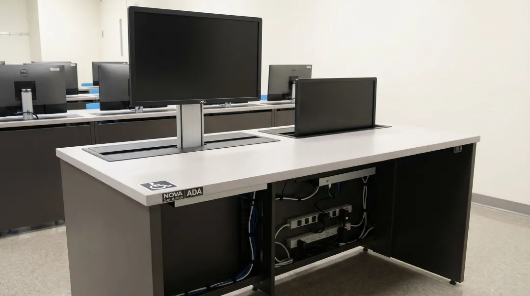 NOVA Solutions ADA-compliant computer training desk with integrated wire management system