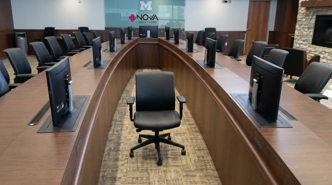 NOVA Solutions Trolley Monitor Lift and Downview display integrated into conference table surface