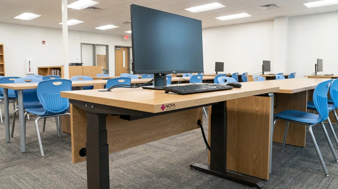 NOVA Solutions ADA-compliant adjustable-height computer workstation in school library