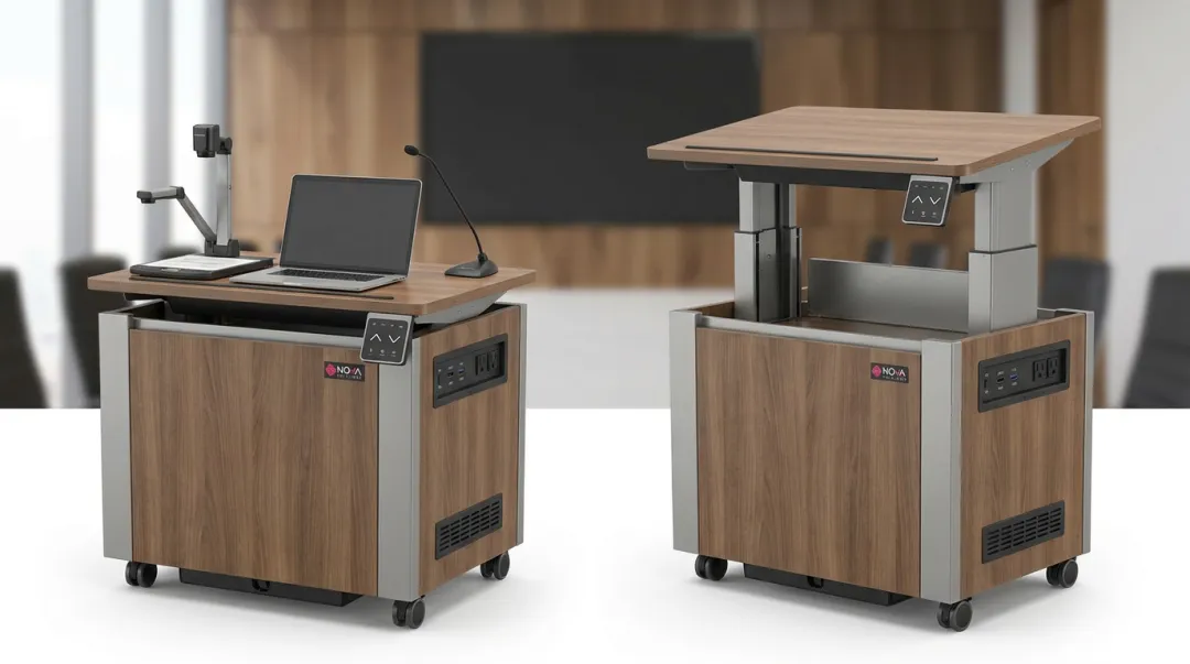 NOVA Solutions sit-stand lectern with height-adjustable mechanism and AV controls