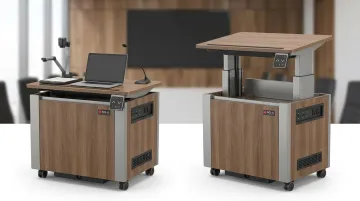 NOVA Solutions sit-stand lectern with height-adjustable mechanism and AV controls