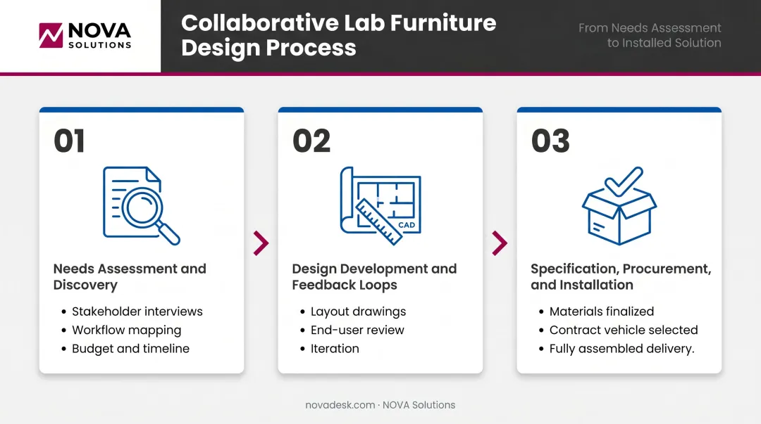 Three-phase lab furniture collaborative design process discovery design specification flow
