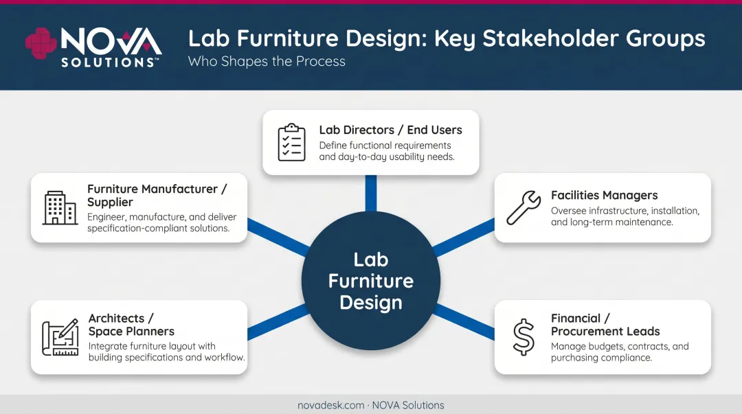 Five key lab furniture design stakeholders roles and responsibilities diagram