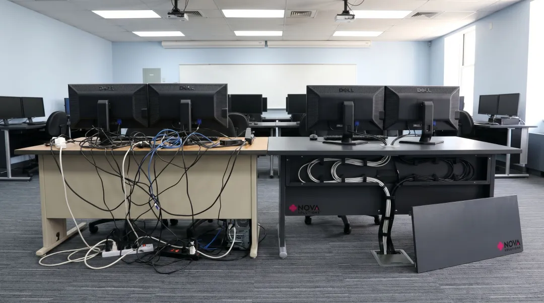 iMod wire management system installed in computer training desk with clean surface