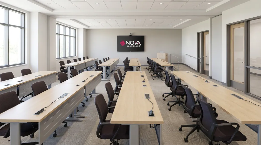 NOVA Solutions ADA compliant training room layout with modular reconfigurable tables