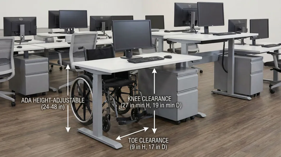 ADA-compliant height-adjustable computer lab desks in higher education setting
