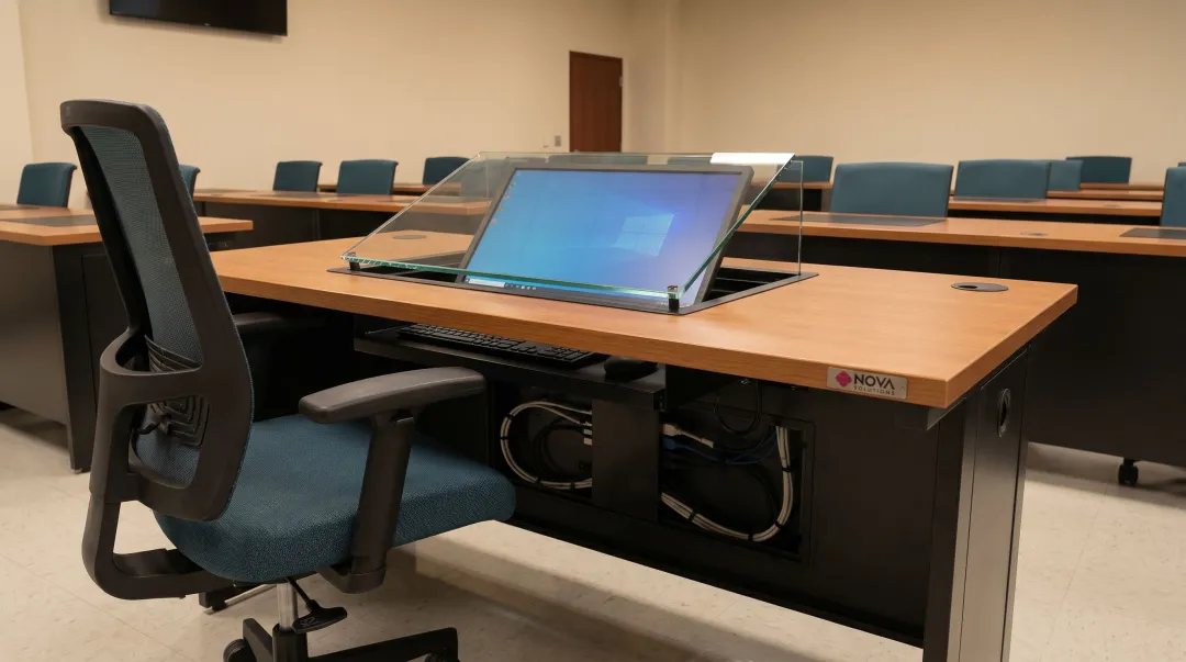 NOVA Solutions technology-integrated lab furniture showing iMod wire management and Downview monitor system
