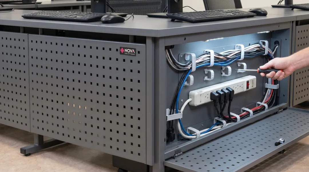 NOVA Solutions iMod integrated cable management system routing power and data cables inside lab desk