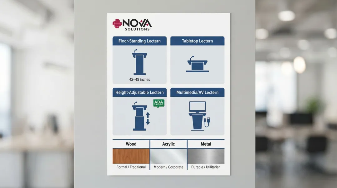 Four types of lecterns comparison chart floor-standing tabletop height-adjustable multimedia