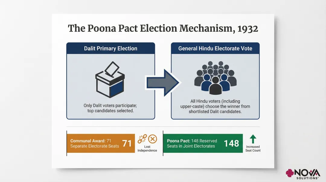 Poona Pact 1932 two-tier election process flow replacing separate electorates with reserved seats